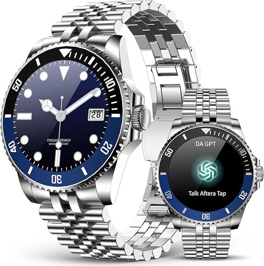 2025 DA GPT Smart Watch for Men, Heart Rate, Blood Pressure, Blood Oxygen, Sleep Monitor, 107 Sports Modes, 1.19-inch AMOLED Display, Waterproof Round Watch, Compatible Android and iOS Silver Blue