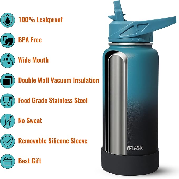 64oz Insulated Water Bottle with Straw, Half Gallon Stainless Steel Vacuum Water Jug, Large Thermal Water Bottle Flask with Leakproof 3 Lids for Travel, Camping, Gym Sports Armygreen