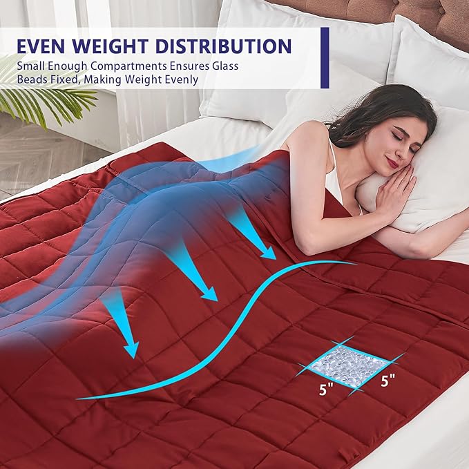 yescool Weighted Blanket for Adults (25 lbs, 60" x 80", Red) Cooling Heavy Blanket for Sleeping Perfect for 240-260 lbs, Queen Size Breathable Blanket with Premium Glass Bead, Machine Washable