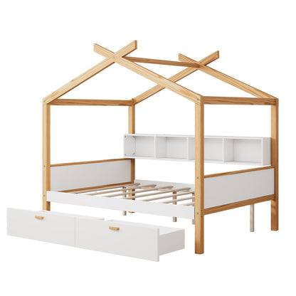 White Full Size Wooden House Bed with Two Drawers and Bookshelf Storage