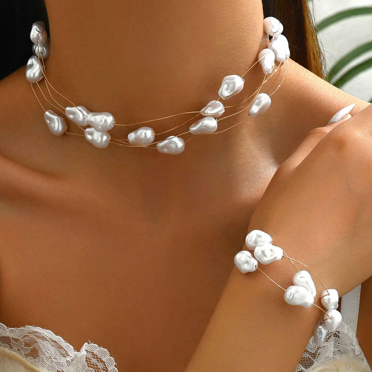New Cross-border European American Women Jewelry Set, Niche Designed Multi-layer Beaded Bracelet & Pearl Matching Necklace Accessories