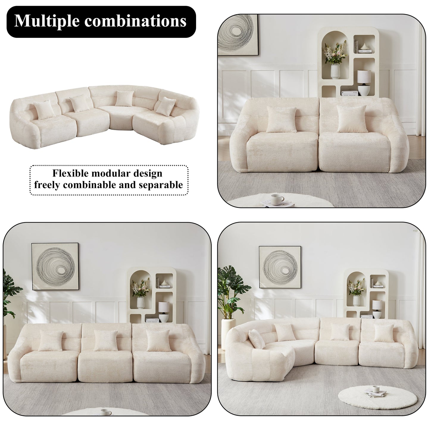 Sectional Sofa Curved Modular Chenille Beige 4 Seat 900 LB No Assembly