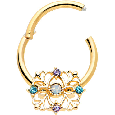 16G 3/8 White Synthetic Opal Gold Tone Web Hinged Segment Ring