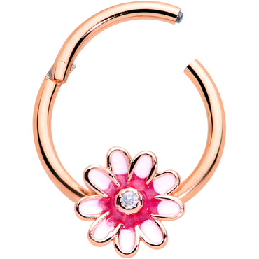 16G 3/8 Clear Gem Rose Gold Tone Pink Flower Hinged Segment Ring