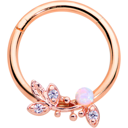 16G 3/8 White Faux Opal Rose Gold Tone Leaves Hinged Segment Ring