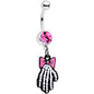 Pink Gem Skeleton Hand Bow Halloween Dangle Belly Ring
