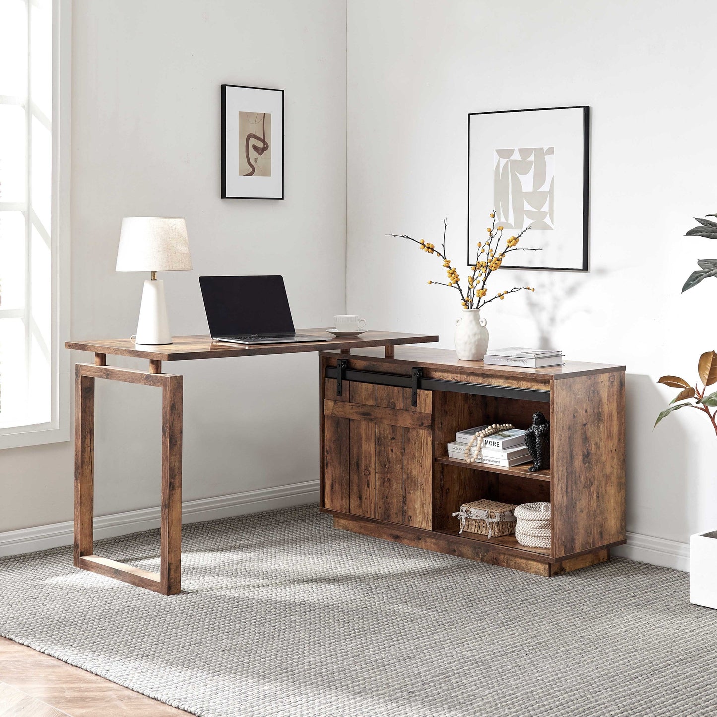 Desk L-shaped Workstation Home Office storage credenza sliding barn door Wood