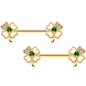 14G 9/16 Green Synthetic Opal Gold Tone Shamrock Nipple Ring Set