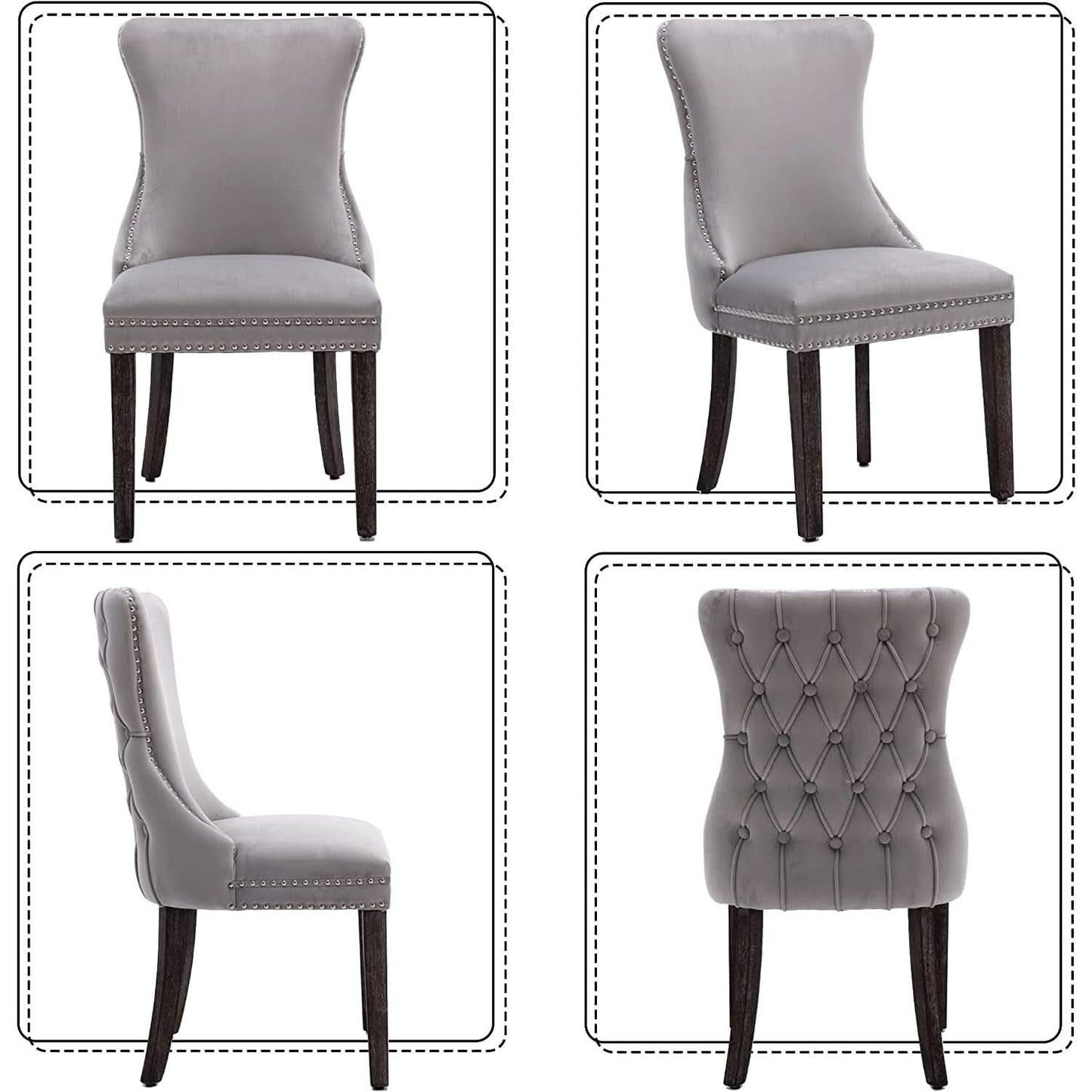 Set Of 2 Light Gray Velvet Tufted Wingback Dining Chairs Nailhead