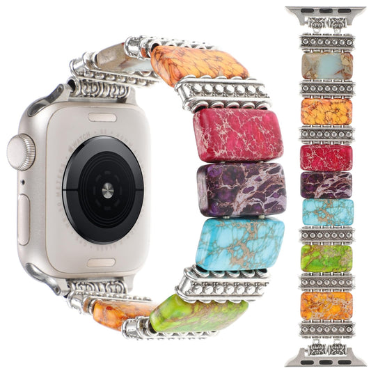 Boho Western Bracelet Compatible with Apple Watch Band 38/40/41/42/44/45/46/49mm WomenHandmade Natural Jasper Imperial Stone Elastic Vintage Solo Strap for iWatch Series 10 9 8 7 6 5 4 3 2 1 Ultra 2/SE(Mix Color 38/40/41/42mm(Series 10) L:6.6-7.1)