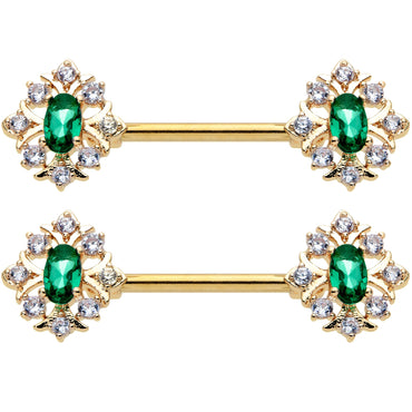 14G 1/2 Clear Green Gem Gold Hue Art Deco Barbell Nipple Ring Set