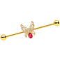 14G Clear Red Gem Gold Hue Lacy Butterfly Industrial Barbell 38mm