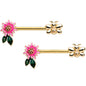 14G 1/2 Gold Tone Pink Flower Bee Barbell Nipple Ring Set
