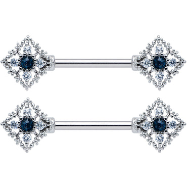 14G 9/16 Clear Blue Gem Textured Rhombus Cross Nipple Ring Set