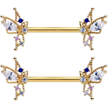 14G 9/16 Clear CZ Gem Gold Tone Christmas Angel Nipple Ring Set
