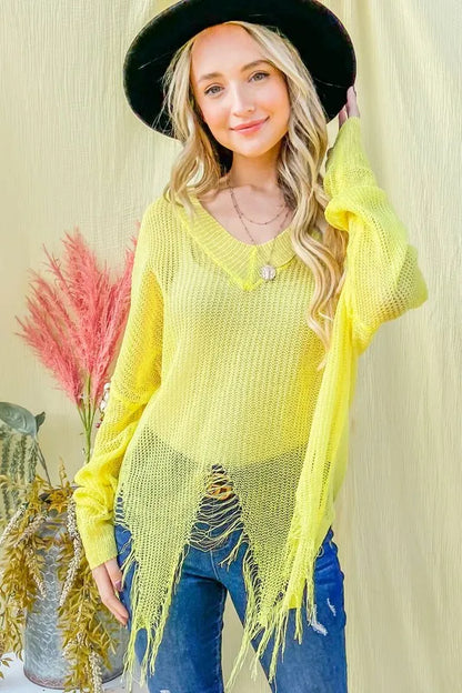 And The Why Distressed Mesh V Neck Spring Sweater Cover Up