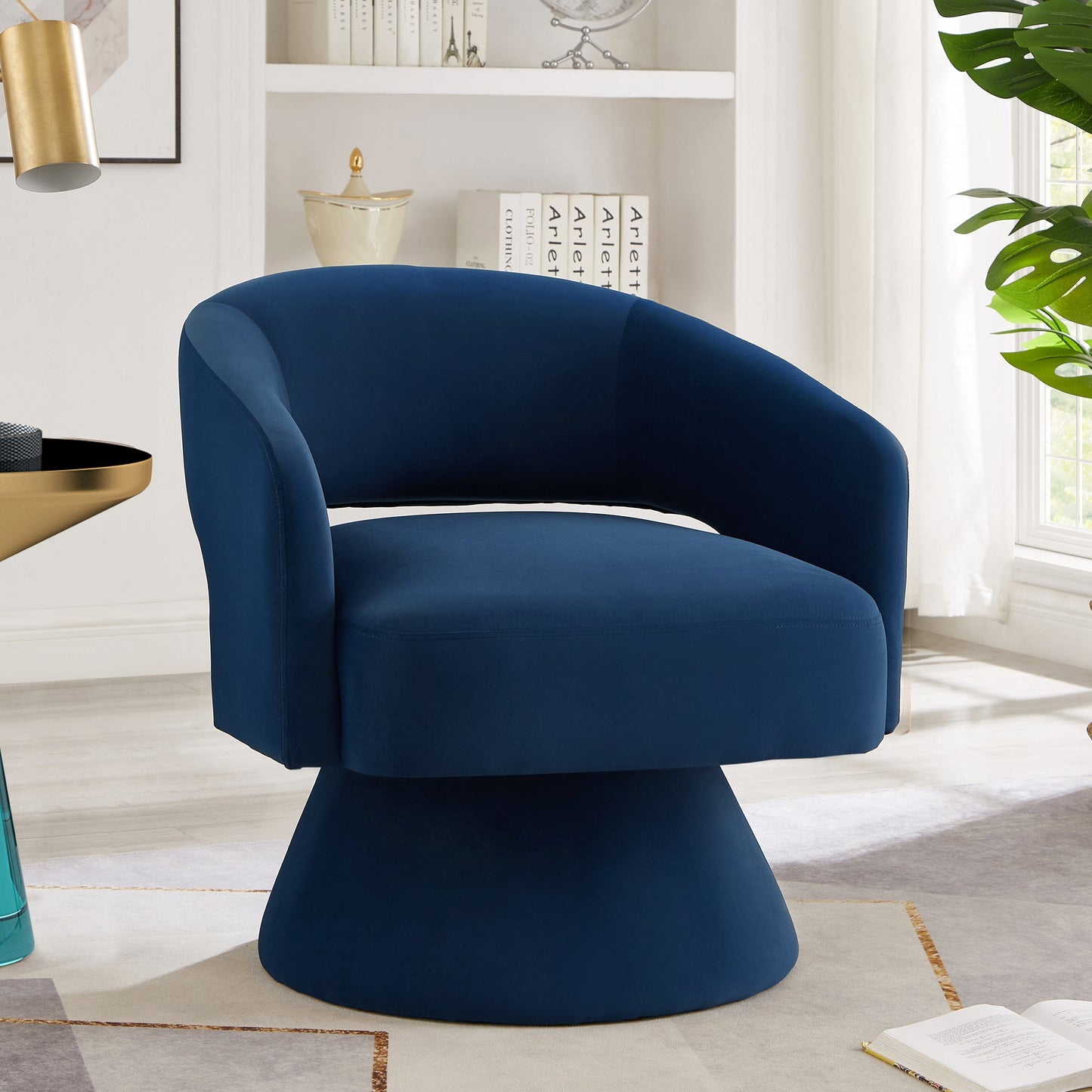 Accent Chair Swivel Barrel Velvet Navy Open Back 360 Degree 28x28x30 In