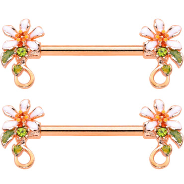 14G 9/16 Green Gem Rose Gold Tone Orange Flower Nipple Ring Set