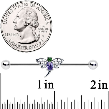 14G Purple Green Gem Dragonfly Industrial Barbell 38mm