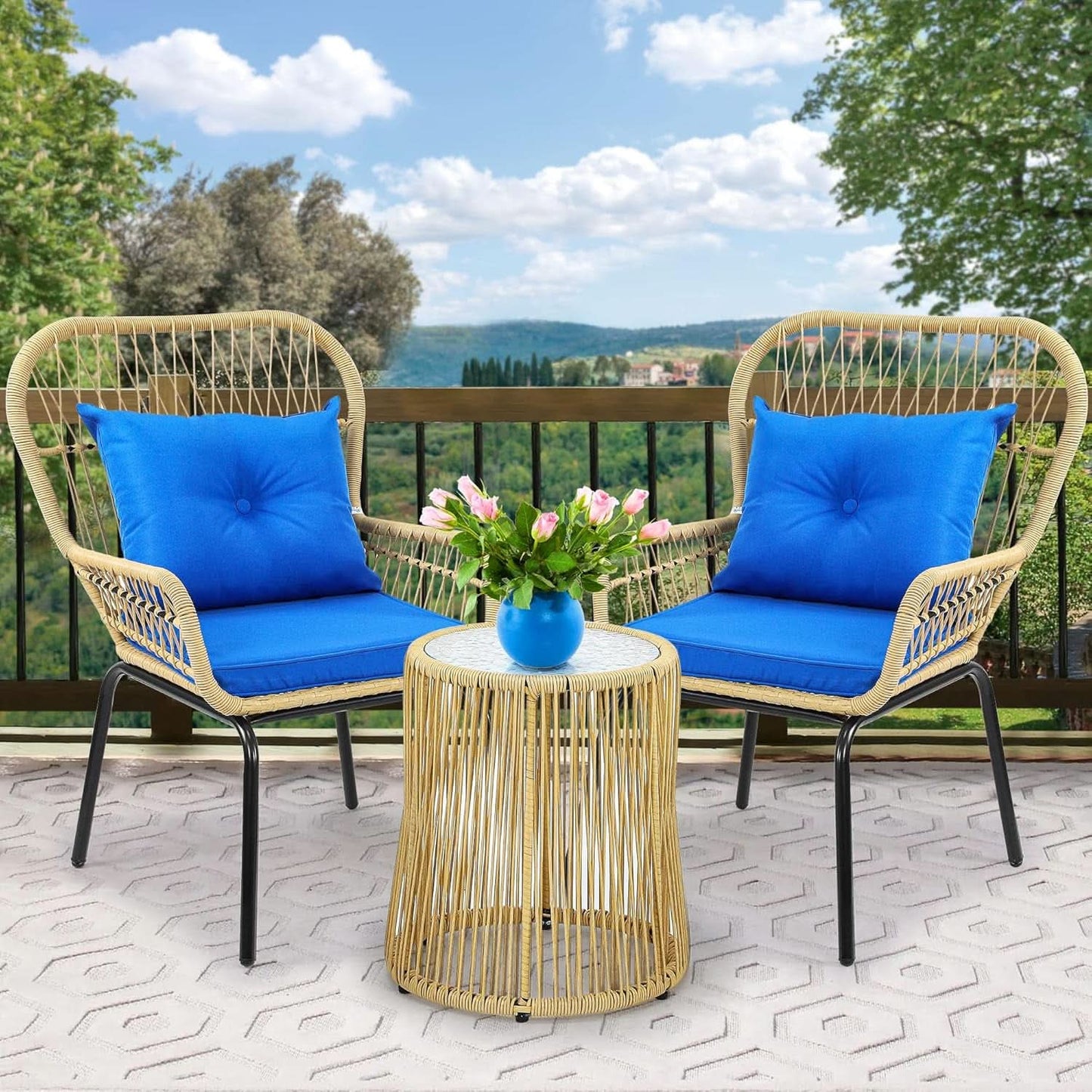 Outdoor Wicker Patio Bistro Set 3 Piece With Glass Table