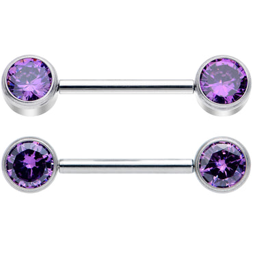 14G 9/16 Purple CZ Gem G23 Titanium Threadless Nipple Ring Set