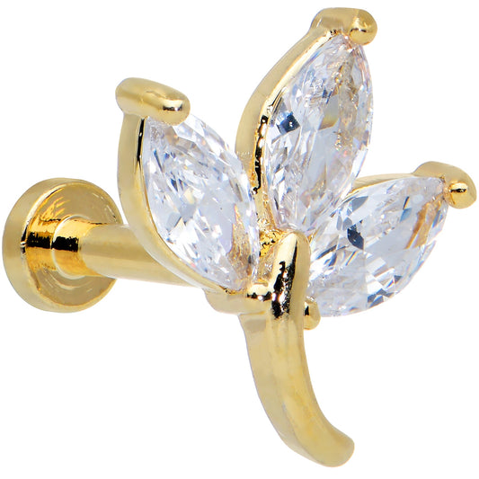 16G 1/4 Clear CZ Gem Gold Tone Leaves Internal Thread Labret