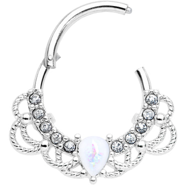 16G 3/8 White Faux Opal Lace Lover Hinged Segment Ring