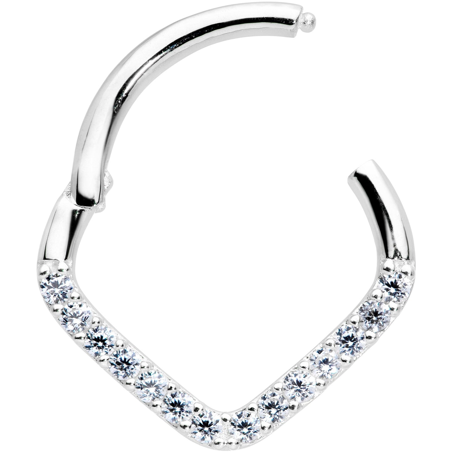 16G 3/8 14k White Gold Clear CZ Gem Chevron Hinged Segment Ring