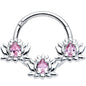 16G 3/8 Pink CZ Gem Triple Lotus Hinged Segment Ring