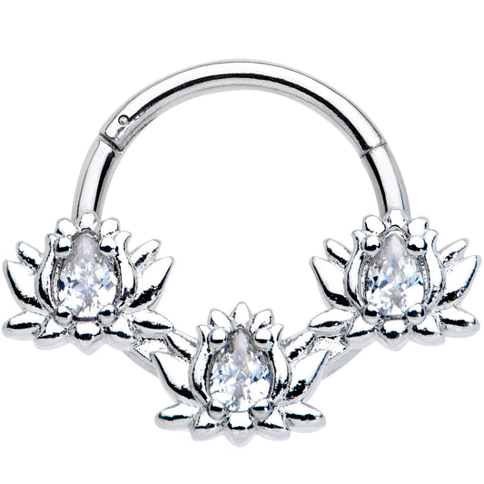 16G 3/8 Clear CZ Gem Triple Lotus Hinged Segment Ring