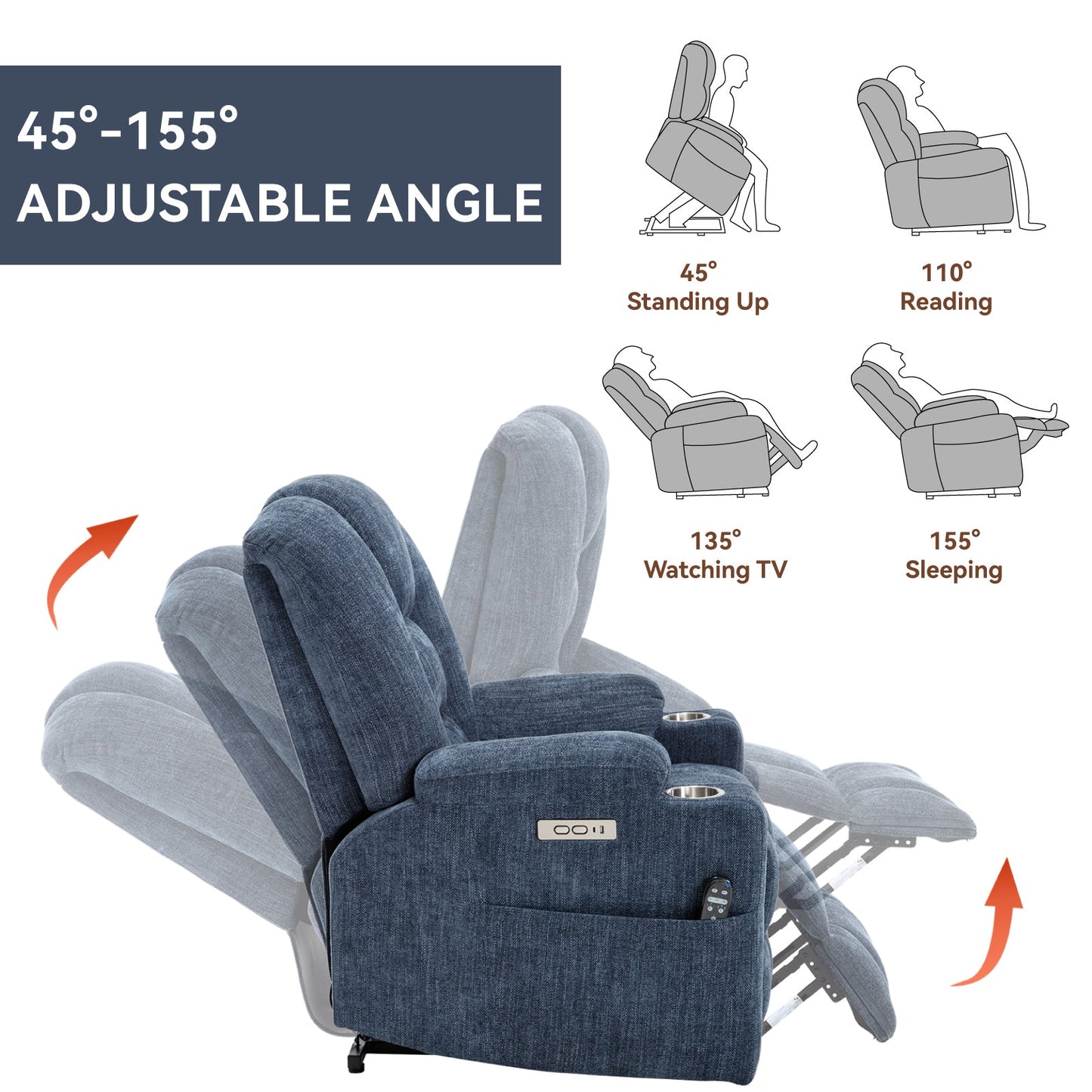 Lift Recliner Chair Power Chenille Blue Heat Massage USB Cup Holders 350 LB