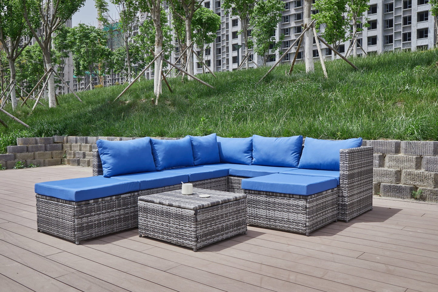 Outdoor Patio Sofa Set PE Rattan Blue Gray All Weather Steel Frame