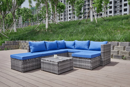 Outdoor Patio Sofa Set PE Rattan Blue Gray All Weather Steel Frame