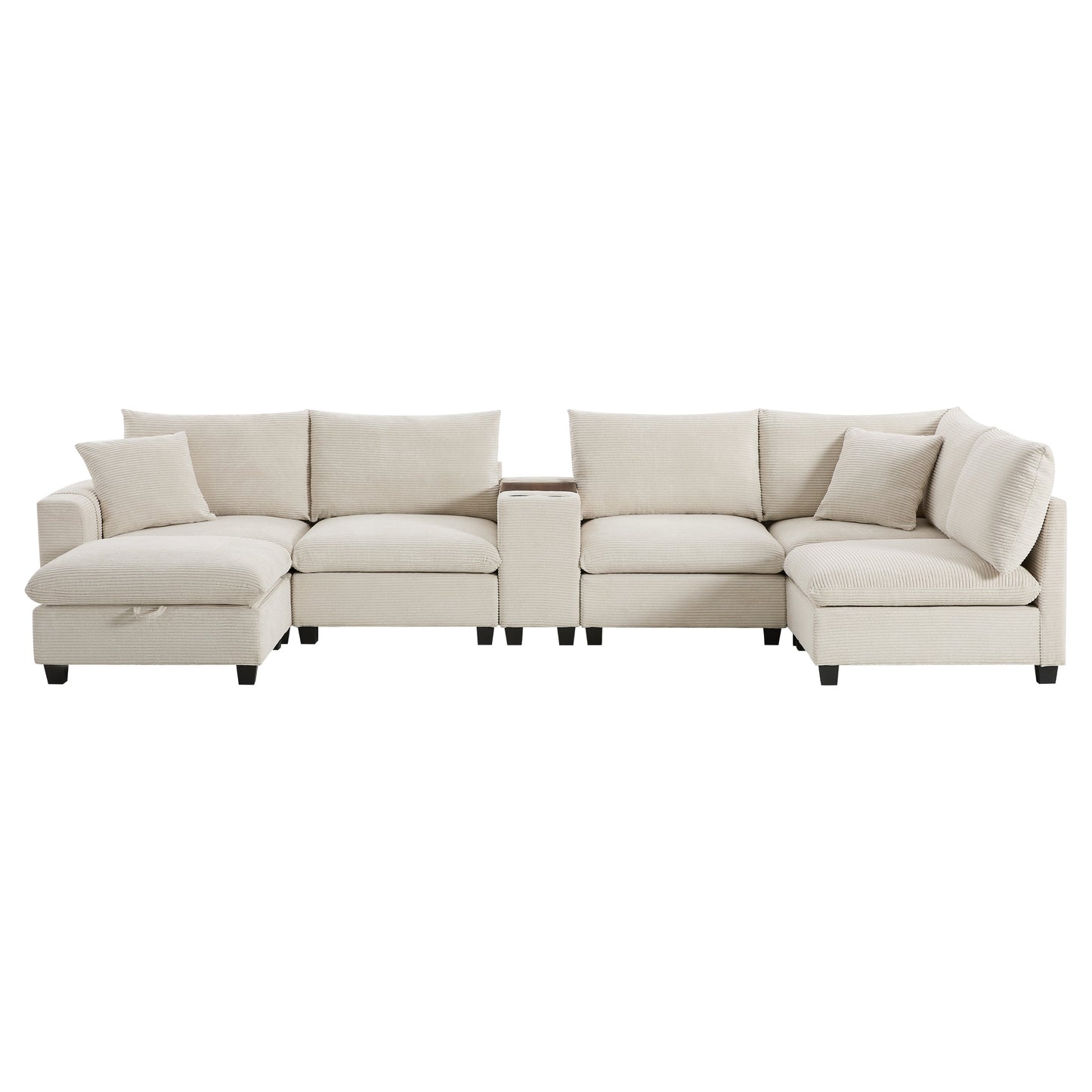 Sectional Sofa U-Shape Corduroy Beige 6 Seat Storage Ottoman USB 140 In