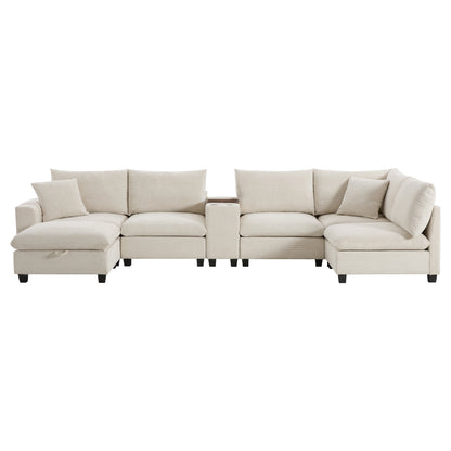 Sectional Sofa U-Shape Corduroy Beige 6 Seat Storage Ottoman USB 140 In
