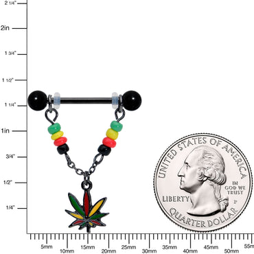 14G 9/16 Black Multicolor Pot Leaf Dangle Barbell Nipple Ring Set