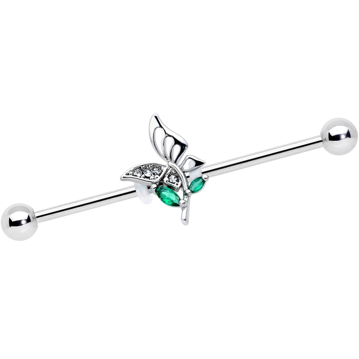14G Clear Green Gem Floral Butterfly Industrial Barbell 38mm