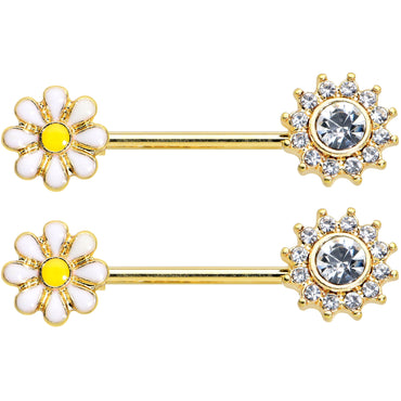 14G 9/16 Clear Gem Gold Tone Sun Daisy Flower Nipple Ring Set
