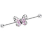 14G Pink Gem Lacy Butterfly Industrial Barbell 38mm