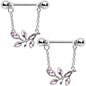 14G 9/16 Pink Gem Leaves of Love Chain Dangle Nipple Ring Set