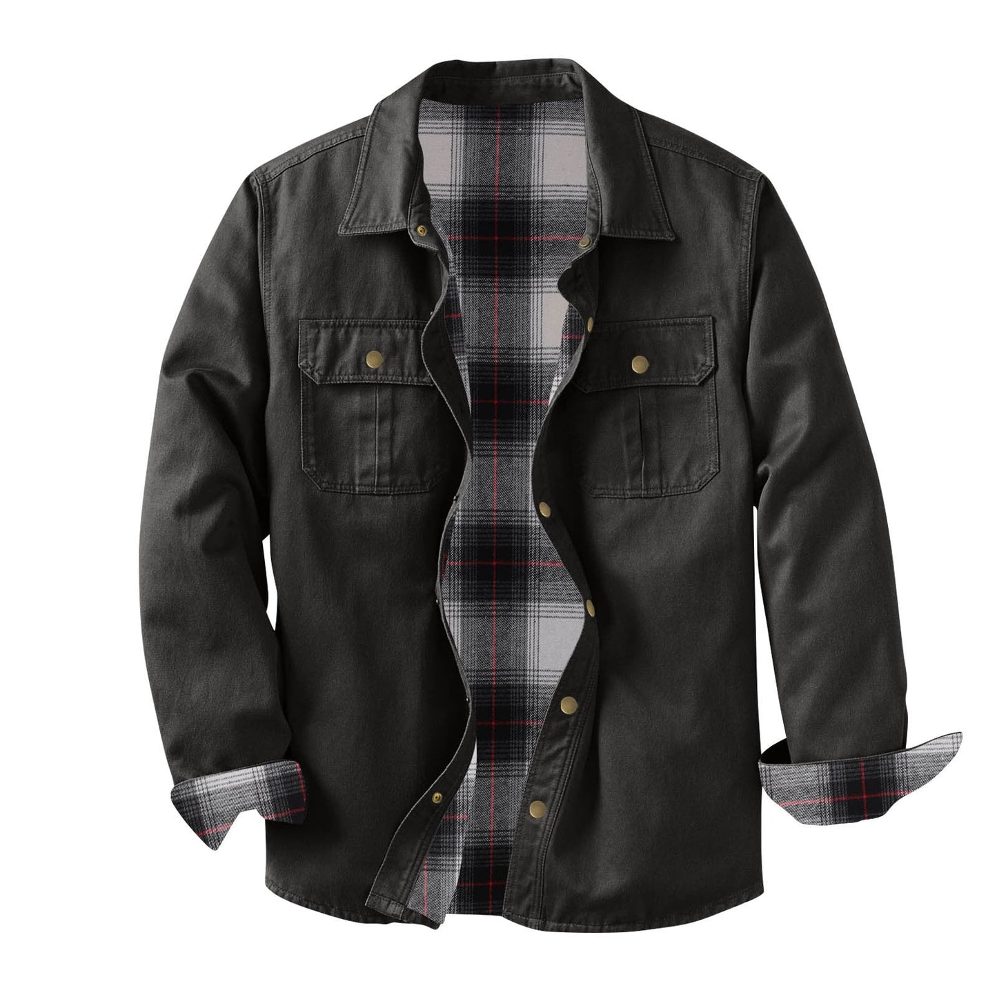 Washed Canvas Work Jacket With A Plaid Lining, Durable And Warm