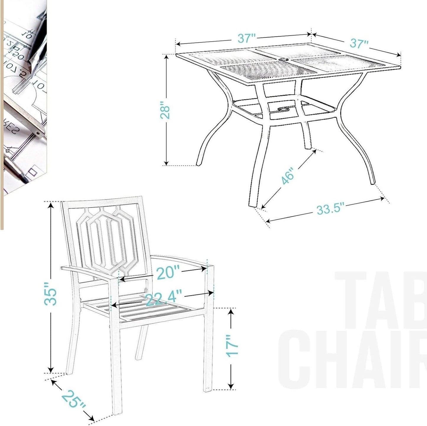 5 Piece Metal Patio Dining Set 37 In Table And 4 Chairs