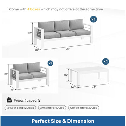 Outdoor Patio Set 3-Piece Aluminum White Gray Cushions