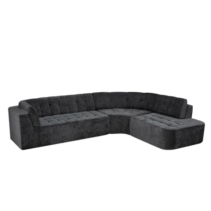 Sectional Sofa Curved L-Shape Chenille Gray 4 Seat 119 In Tufted