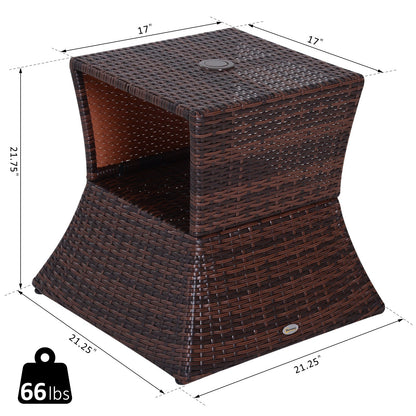 Outdoor Side Table PE Rattan Wicker Brown Umbrella Hole 21in