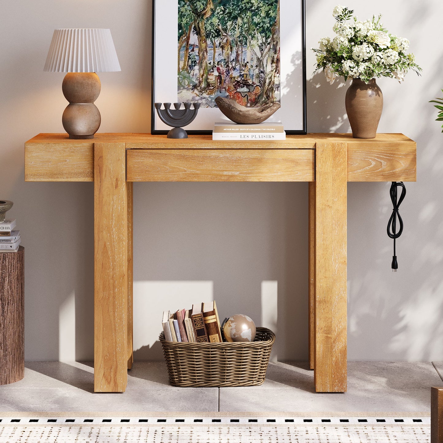 Rustic Console Table, Hidden Drawer, Side Power Outlet, Entryway Table, Natural