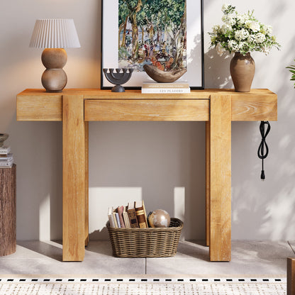 Rustic Console Table, Hidden Drawer, Side Power Outlet, Entryway Table, Natural