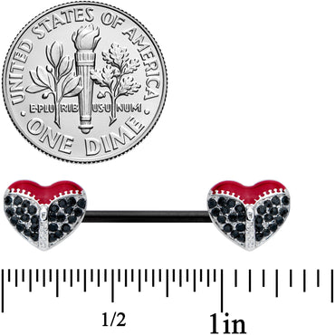 14G 9/16 Black CZ Gem Black Unzipped Heart Barbell Nipple Ring Set