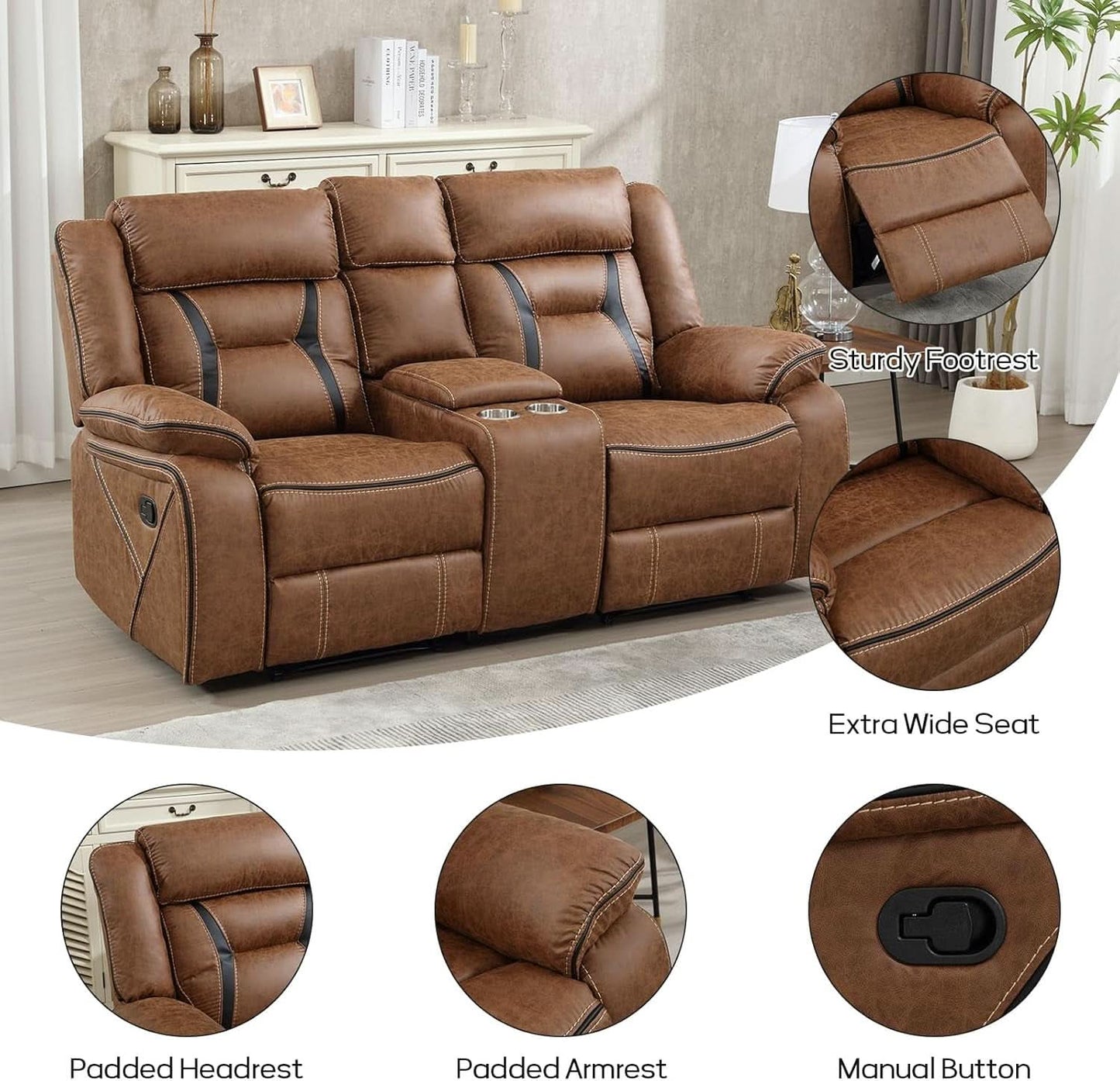 Brown Faux Leather Loveseat Dual Recliners Center Console