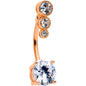 Clear CZ Gem Rose Gold Tone Triple Drop Round Belly Ring